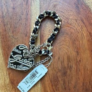 GUESS Gold-Tone Heart Logo Chain Bracelet with Black Weave